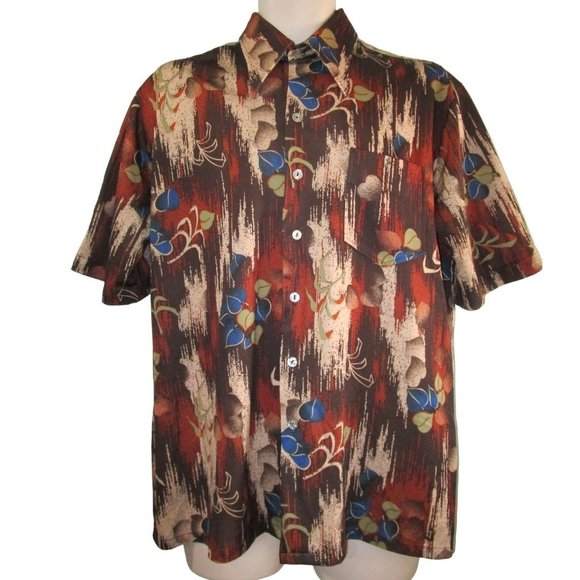 Vintage 70s Joel Cal Made Polyester Disco Shirt Wood Foliage Pattern Mens Lg GUC - Picture 5 of 16